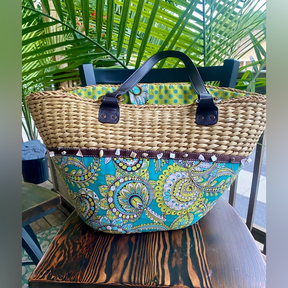Vera Bradley Seashell Paisley Straw Tote Tortoise Peacock Blue‎ Beach Bag